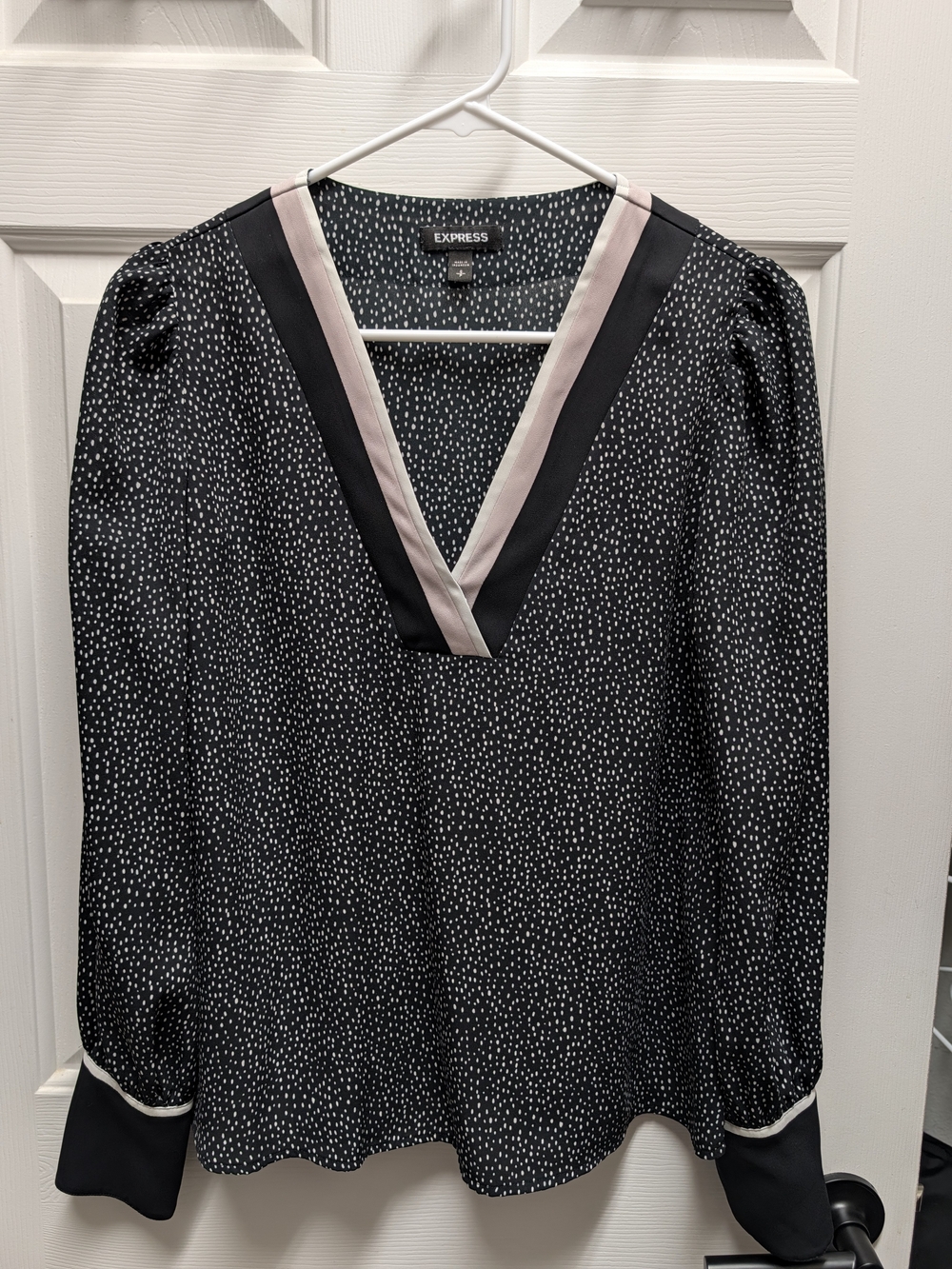 Express Black Dot V-Neck Blouse with Pink Trim